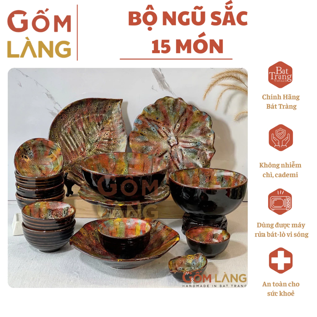 Bộ Bát Gốm Bát Tràng Men Hỏa Biến Ngũ Sắc Thủ Công Cao Cấp Gốm Làng